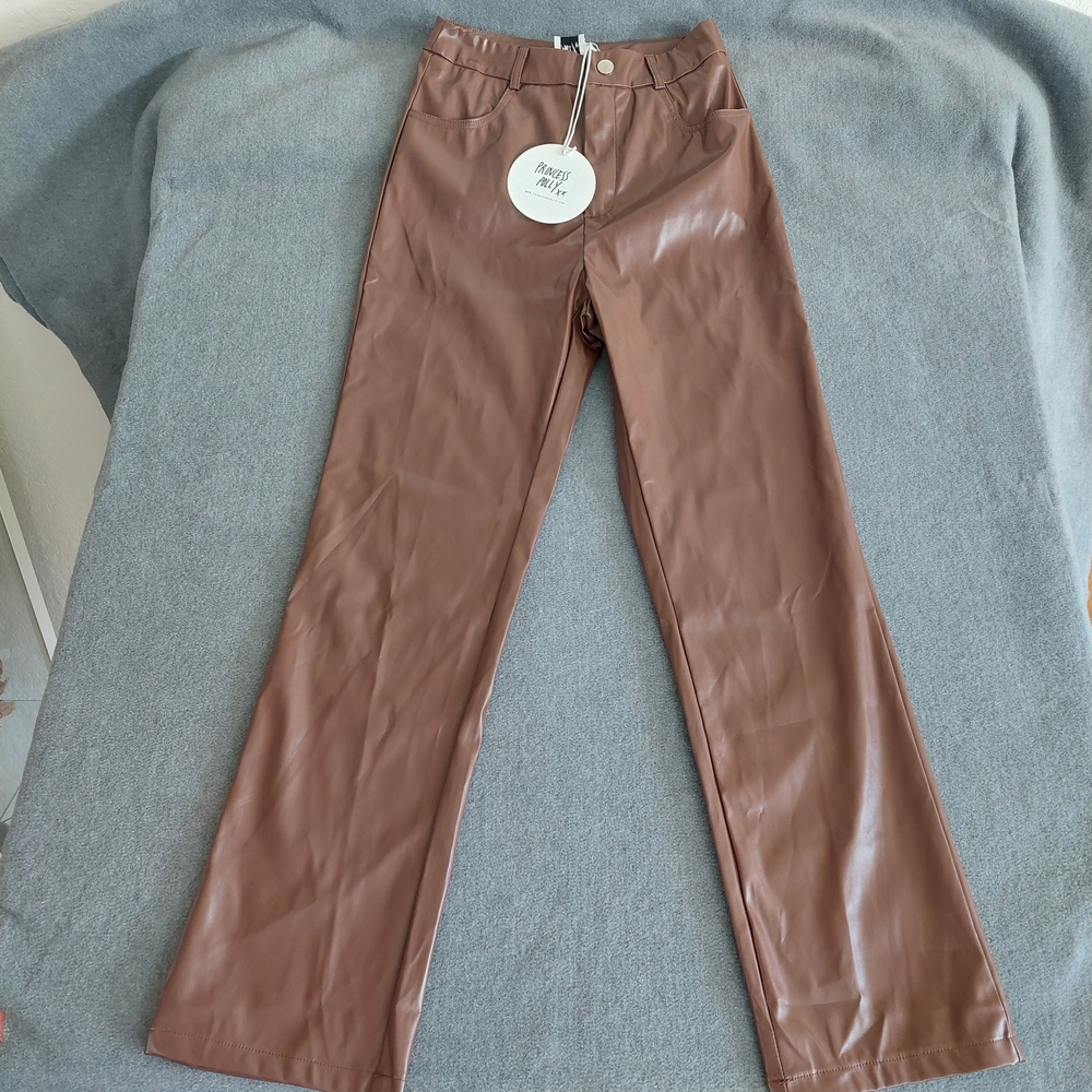 NWT Princess Polly Brown Faux Leather High Rise Straight Leg Pants - Size 4 - Picture 2 of 10